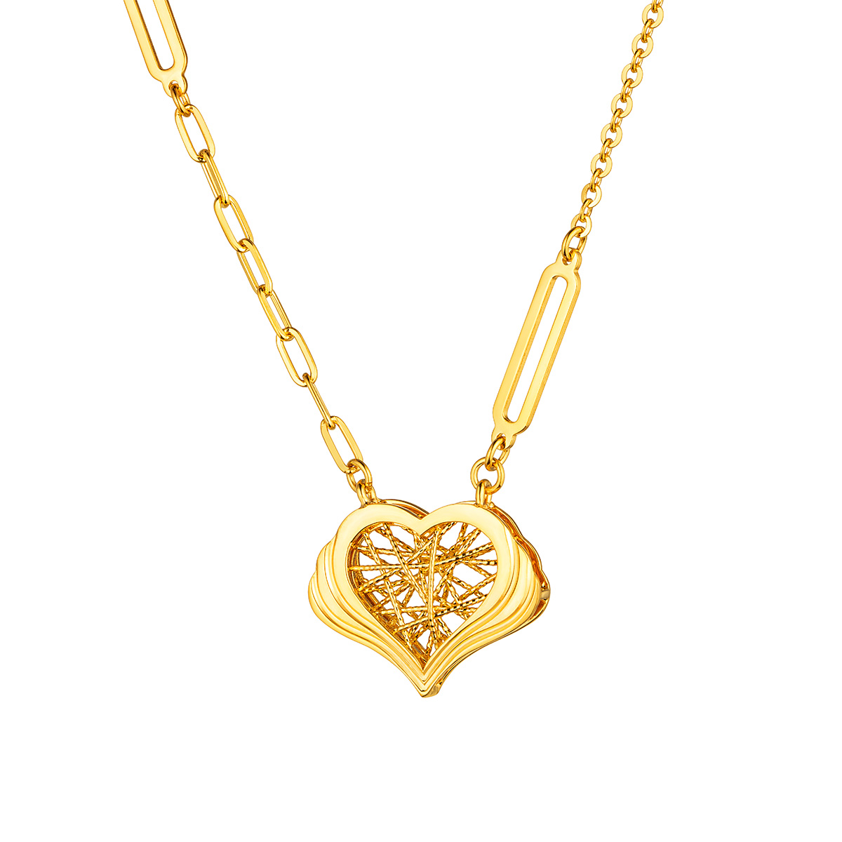 六福珠宝黄金颈链 - "丝丝心动"立体心形990黄金颈链