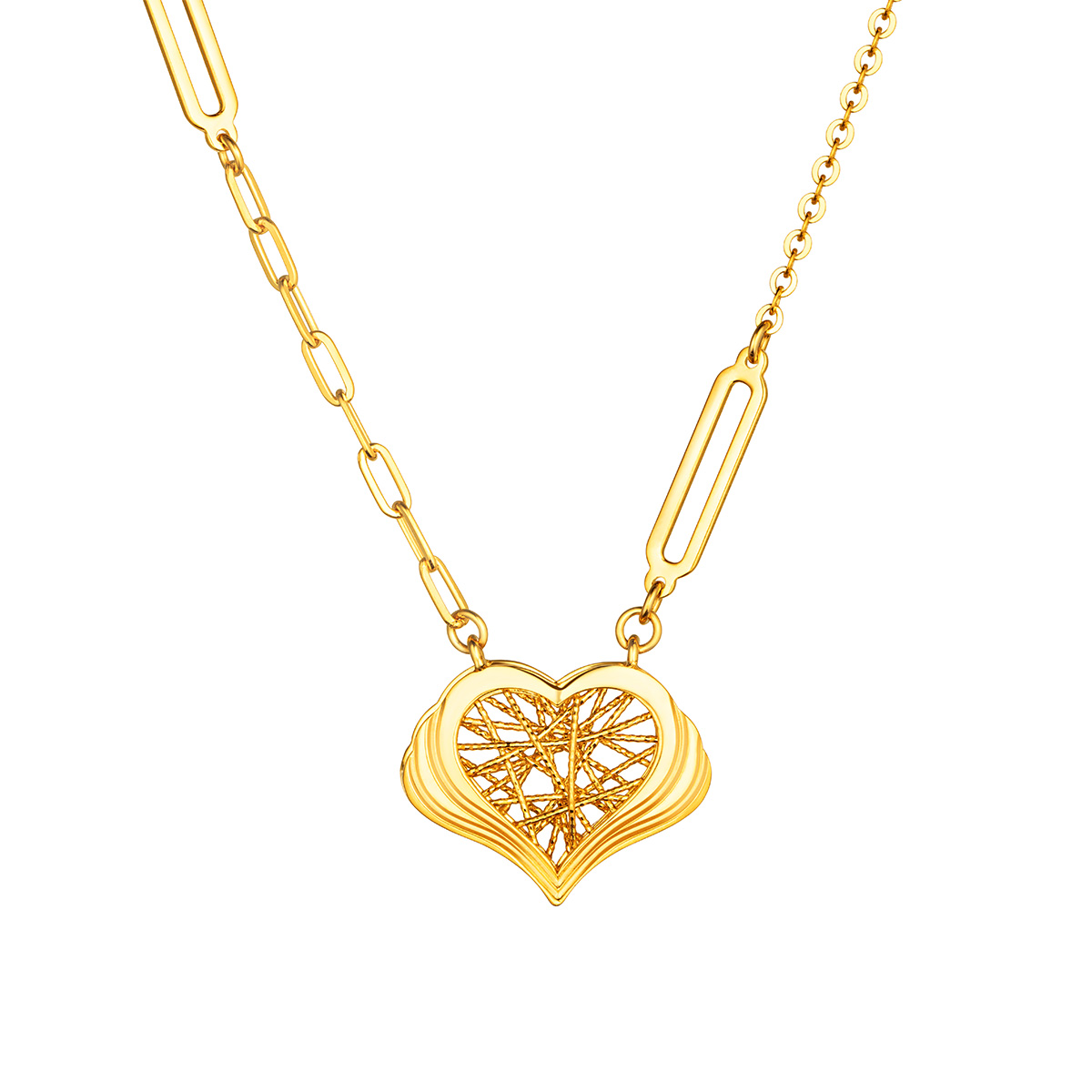六福珠宝黄金颈链 - "丝丝心动"立体心形990黄金颈链