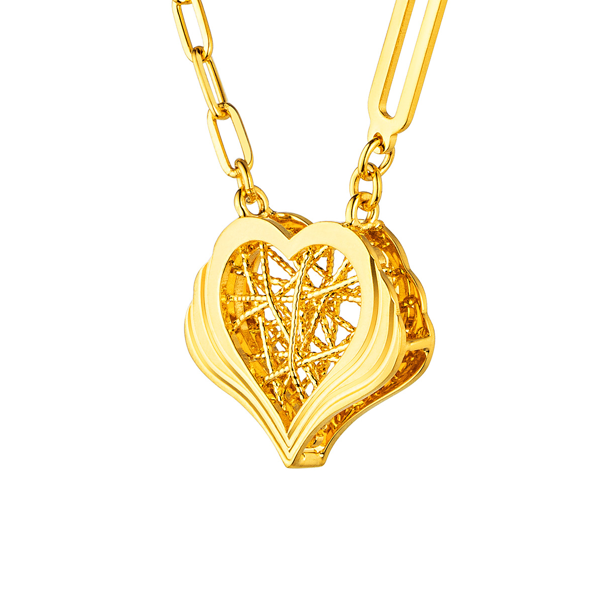 六福珠宝黄金颈链 - "丝丝心动"立体心形990黄金颈链