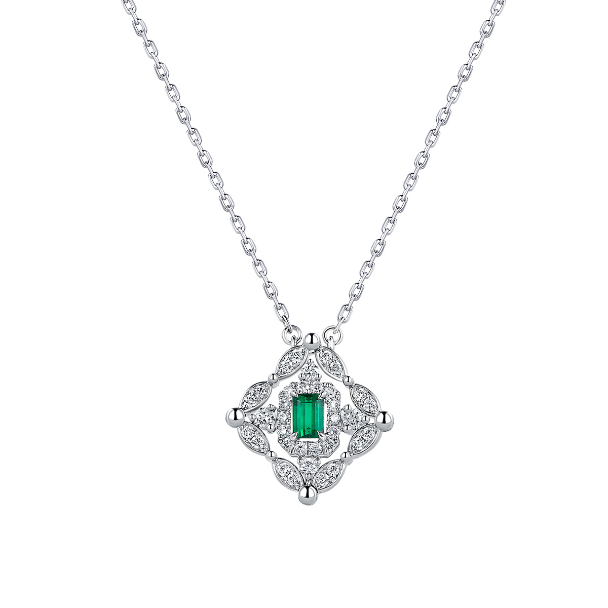 六福珠寶18K金頸鏈 - "凝彩美寶"18K金(白色)祖母綠鑽石頸鏈