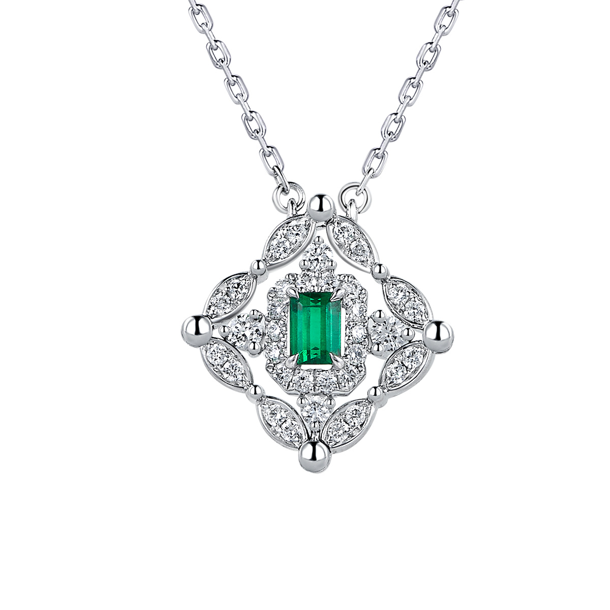 六福珠寶18K金頸鏈 - "凝彩美寶"18K金(白色)祖母綠鑽石頸鏈