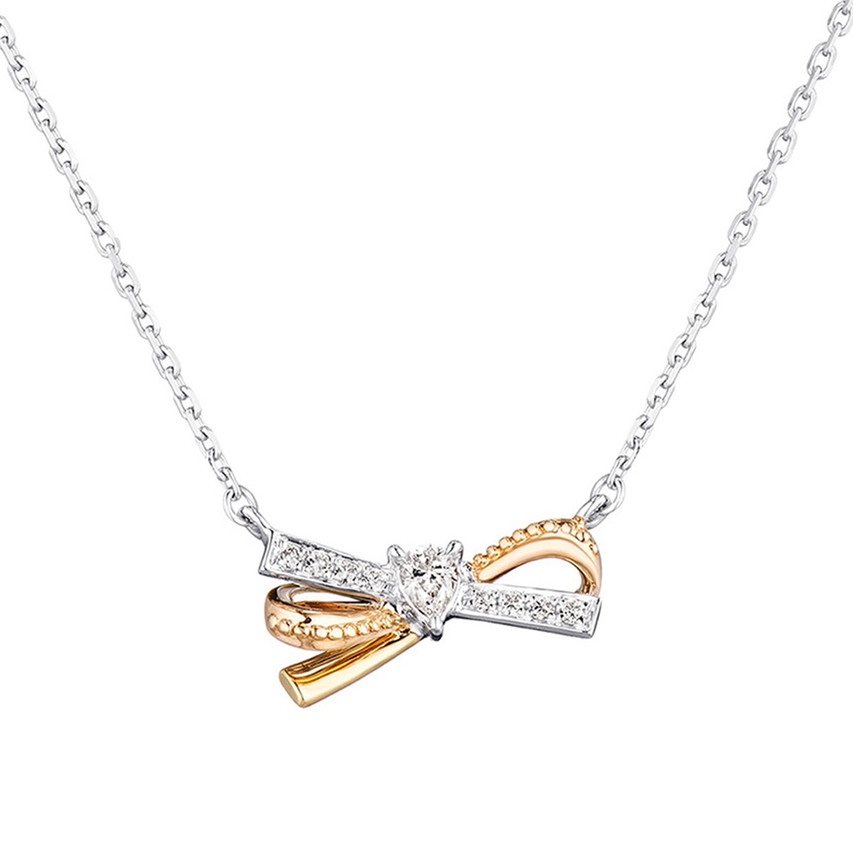 六福珠寶18K金頸鏈 - "典雅蝴蝶結"18K金(分色)鑽石頸鏈