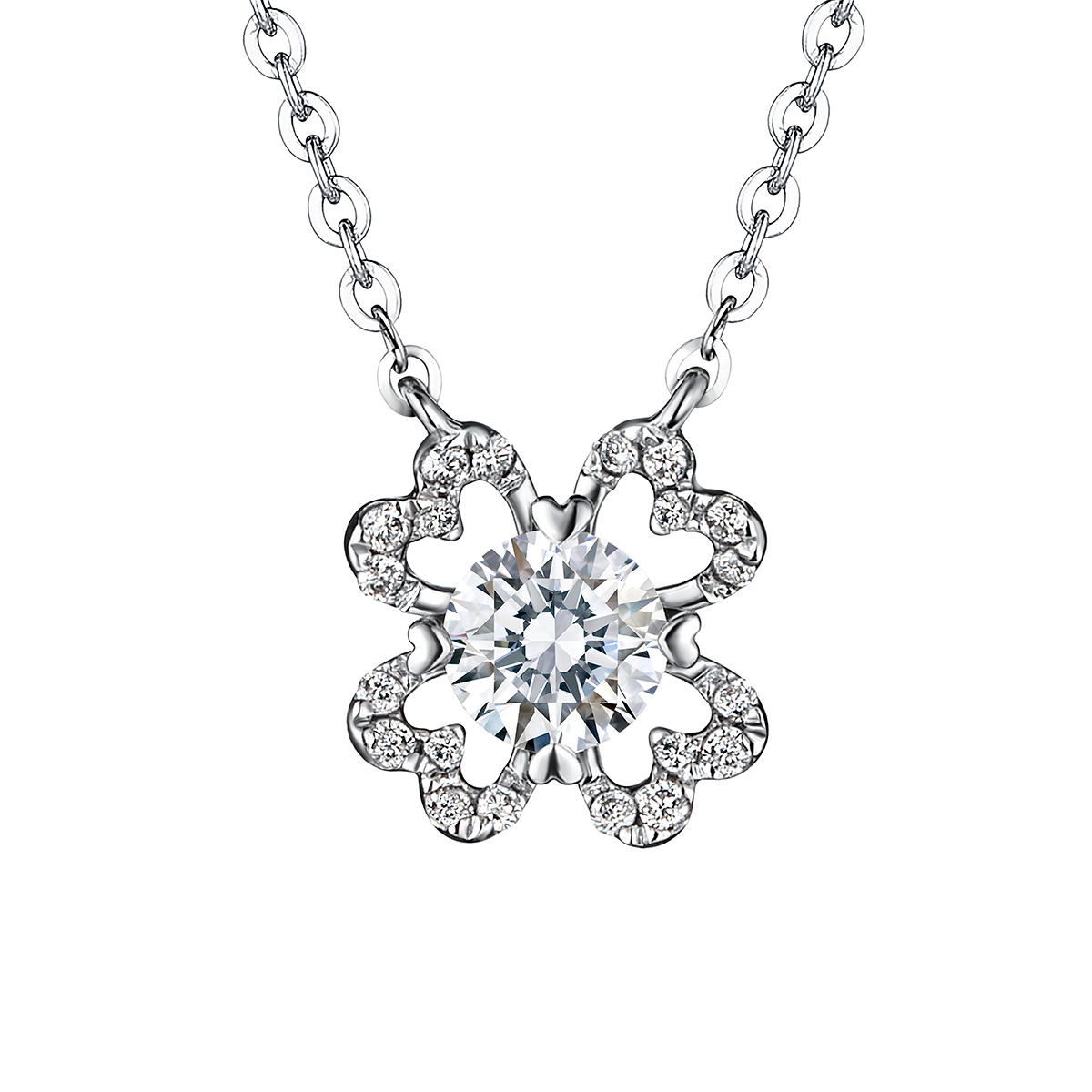 $t('六福珠寶')18K金頸鏈 - "幸運四葉草"18K金(白色)鑽石頸鏈