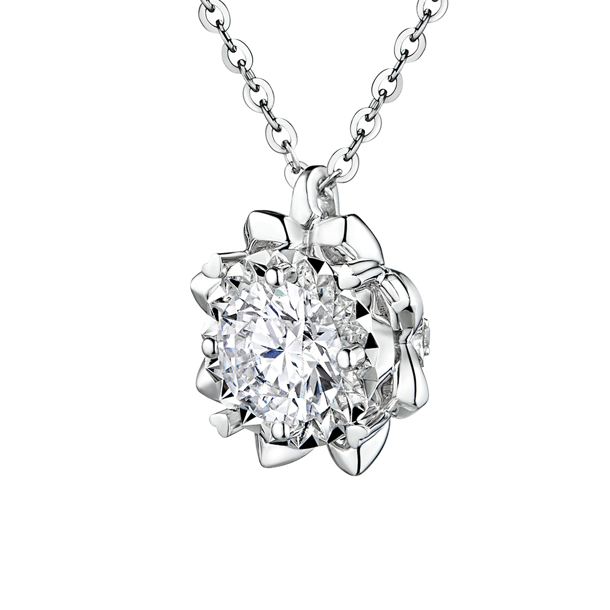 六福珠寶18K金頸鏈 - "溫暖太陽"18K金(白色)鑽石頸鏈(放閃車花工藝)