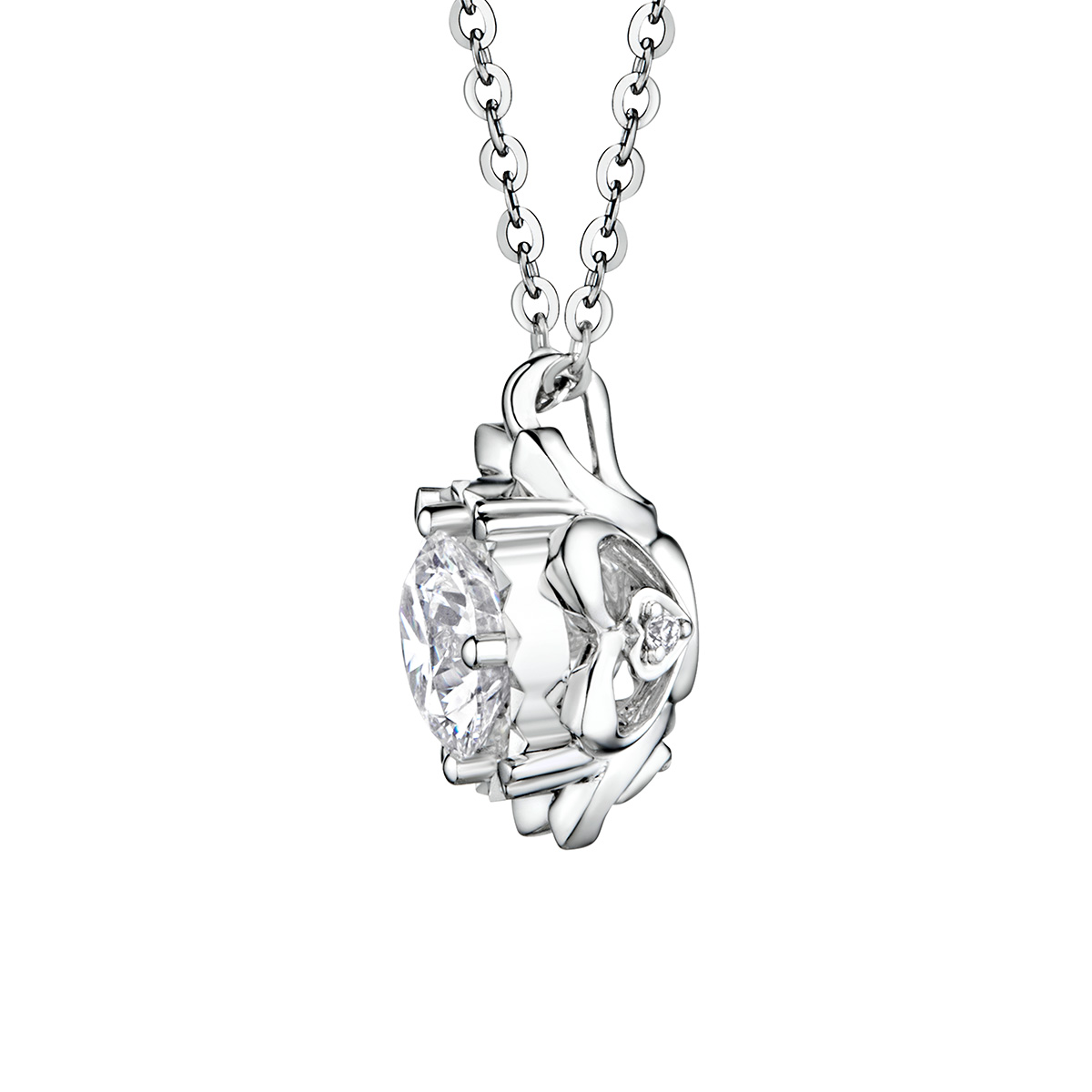 六福珠寶18K金頸鏈 - "溫暖太陽"18K金(白色)鑽石頸鏈(放閃車花工藝)