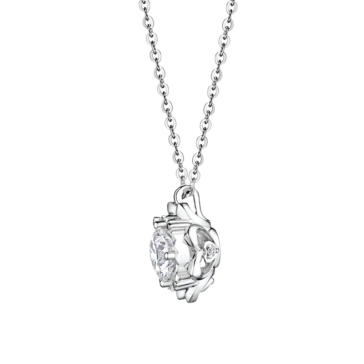 六福珠寶18K金頸鏈 - "溫暖太陽"18K金(白色)鑽石頸鏈(放閃車花工藝)