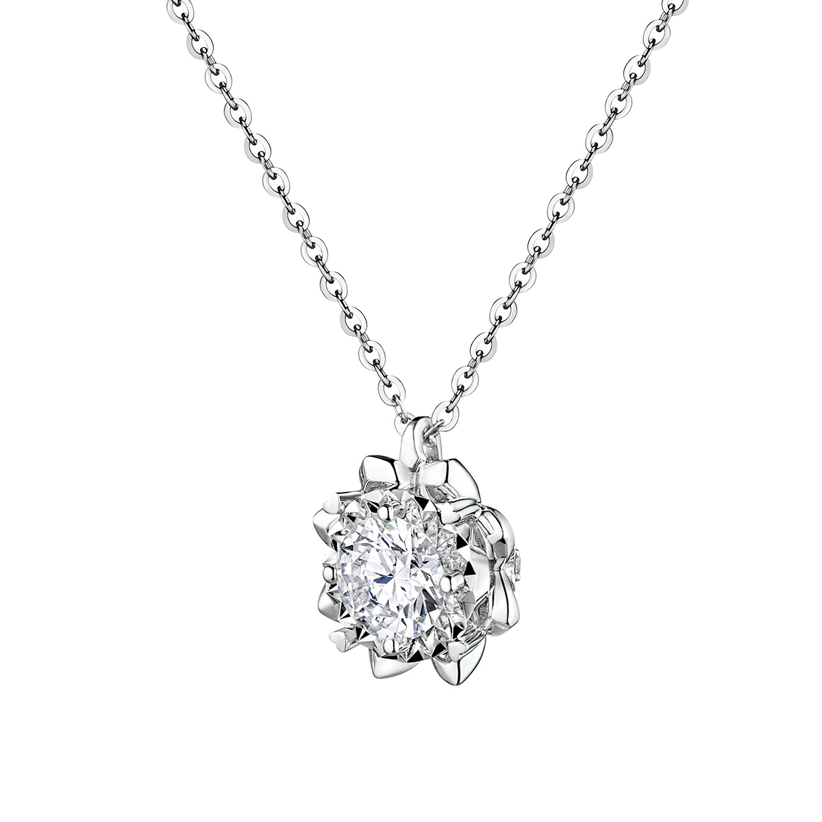 六福珠寶18K金頸鏈 - "溫暖太陽"18K金(白色)鑽石頸鏈(放閃車花工藝)