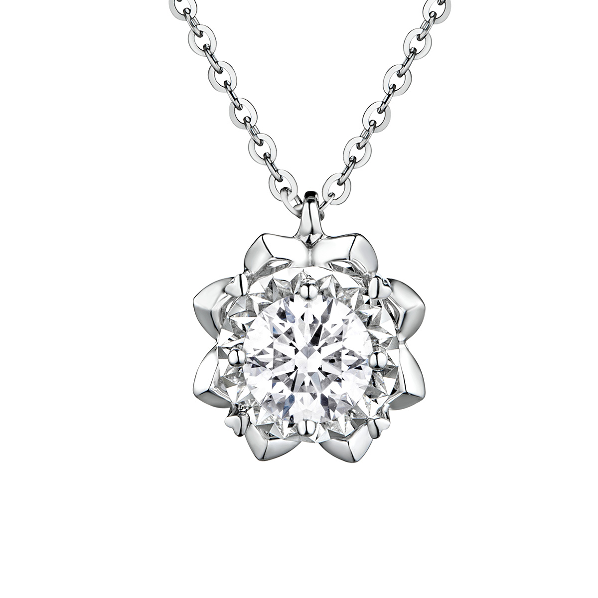 六福珠寶18K金頸鏈 - "溫暖太陽"18K金(白色)鑽石頸鏈(放閃車花工藝)