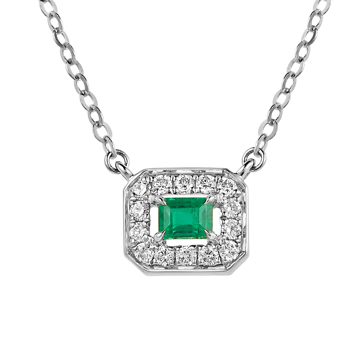 $t('六福珠寶')18K金頸鏈 - "凝彩美寶"18K金(白色)祖母綠鑽石頸鏈