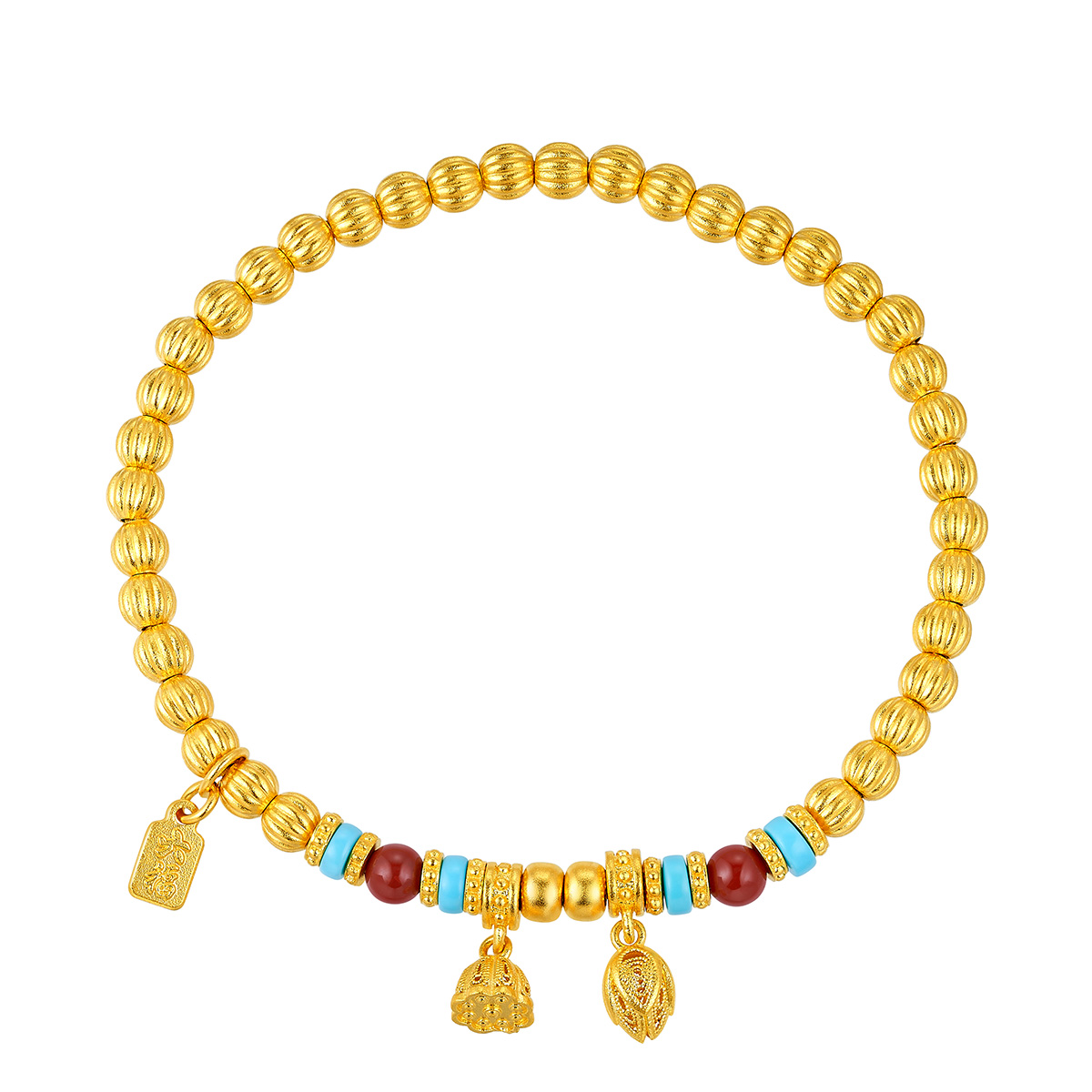 六福珠寶黃金手鏈 - "福滿蓮心南紅綠松石手鏈"999.9黃金手鏈