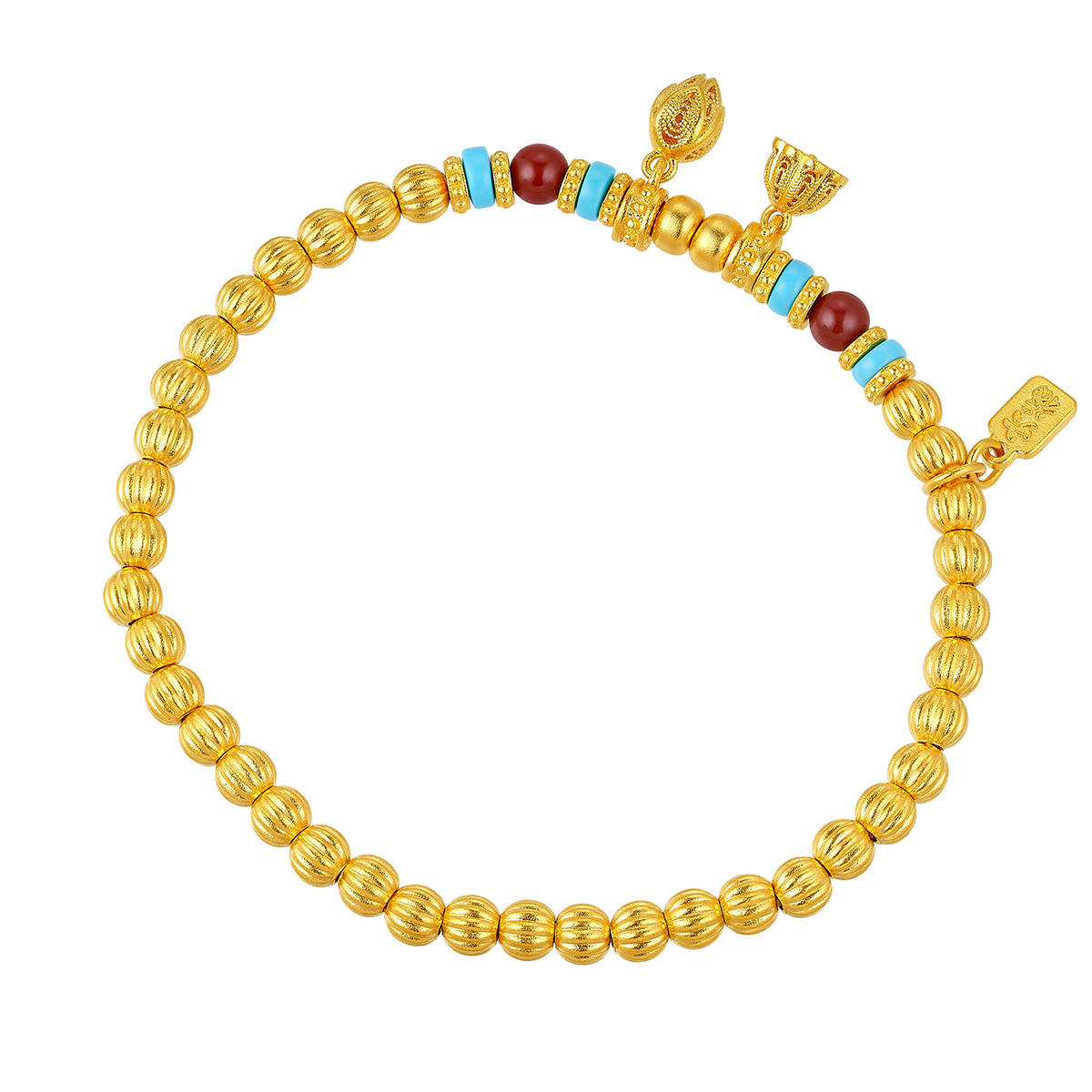 六福珠寶黃金手鏈 - "福滿蓮心南紅綠松石手鏈"999.9黃金手鏈