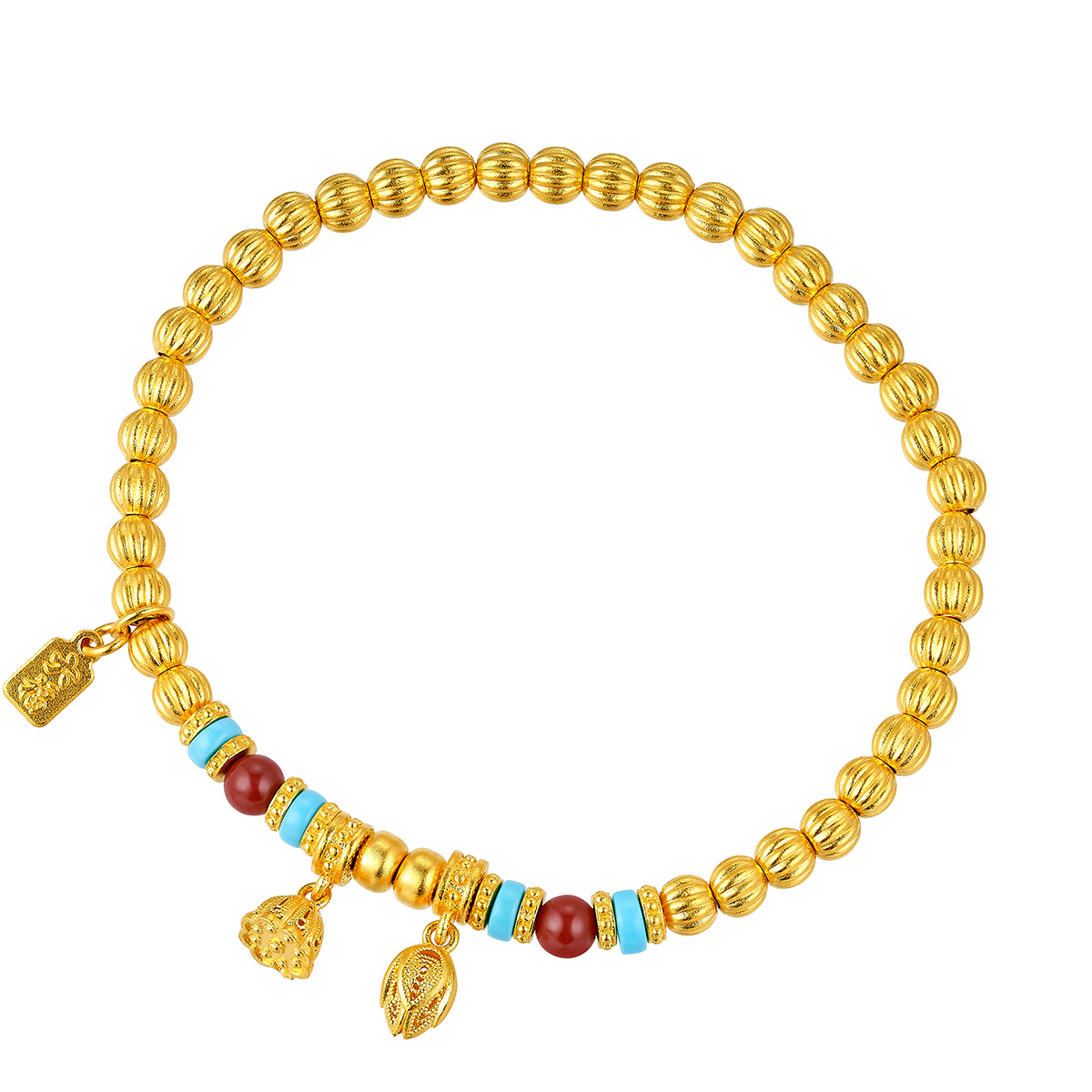 六福珠寶黃金手鏈 - "福滿蓮心南紅綠松石手鏈"999.9黃金手鏈