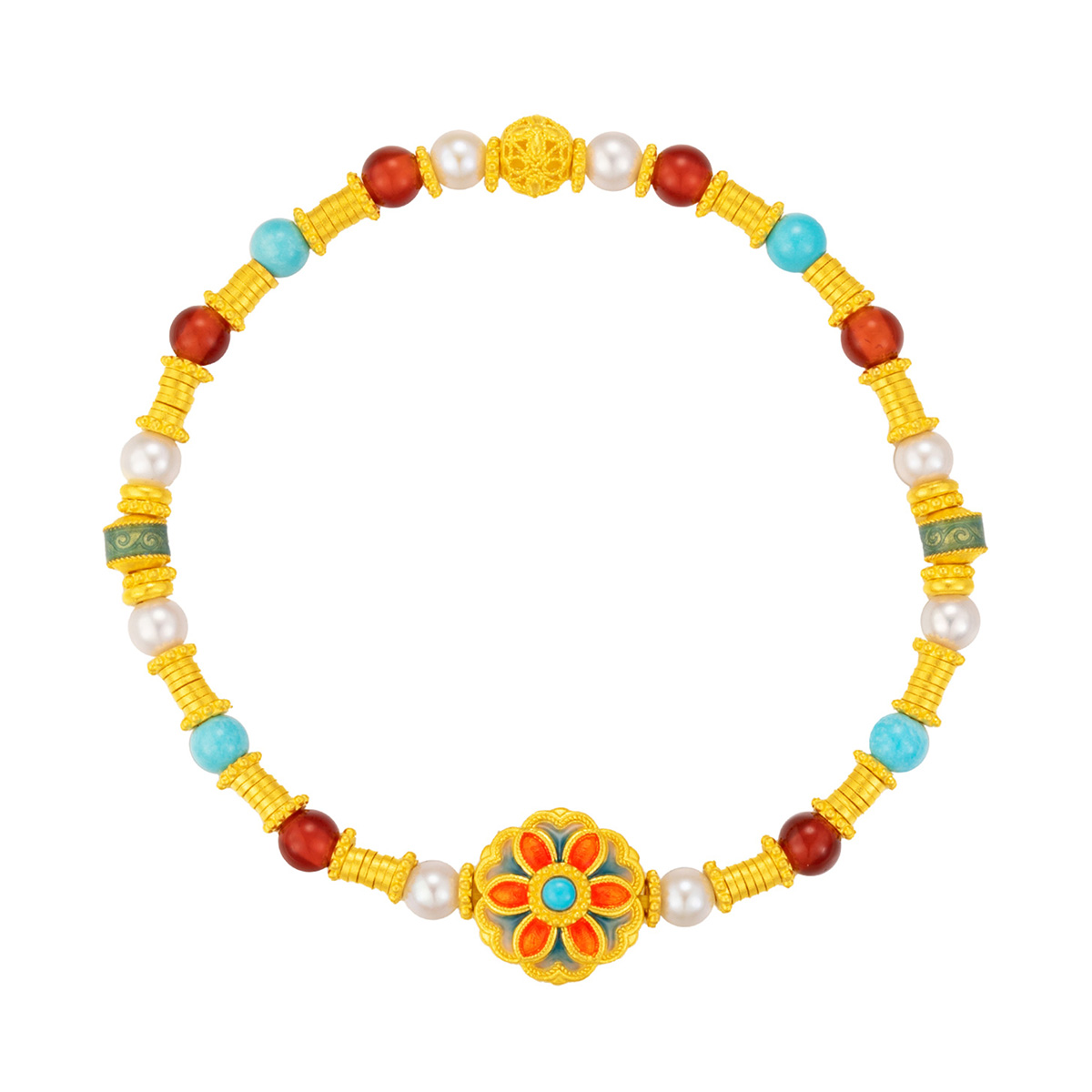 $t('六福珠寶')黃金手鏈 - "寶相霞彩"999.9黃金珍珠綠松石玉髓手鏈