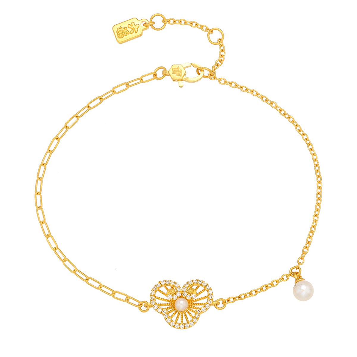 $t('六福珠寶')黃金手鏈 - "如意"999.9黃金鑽石珍珠手鏈