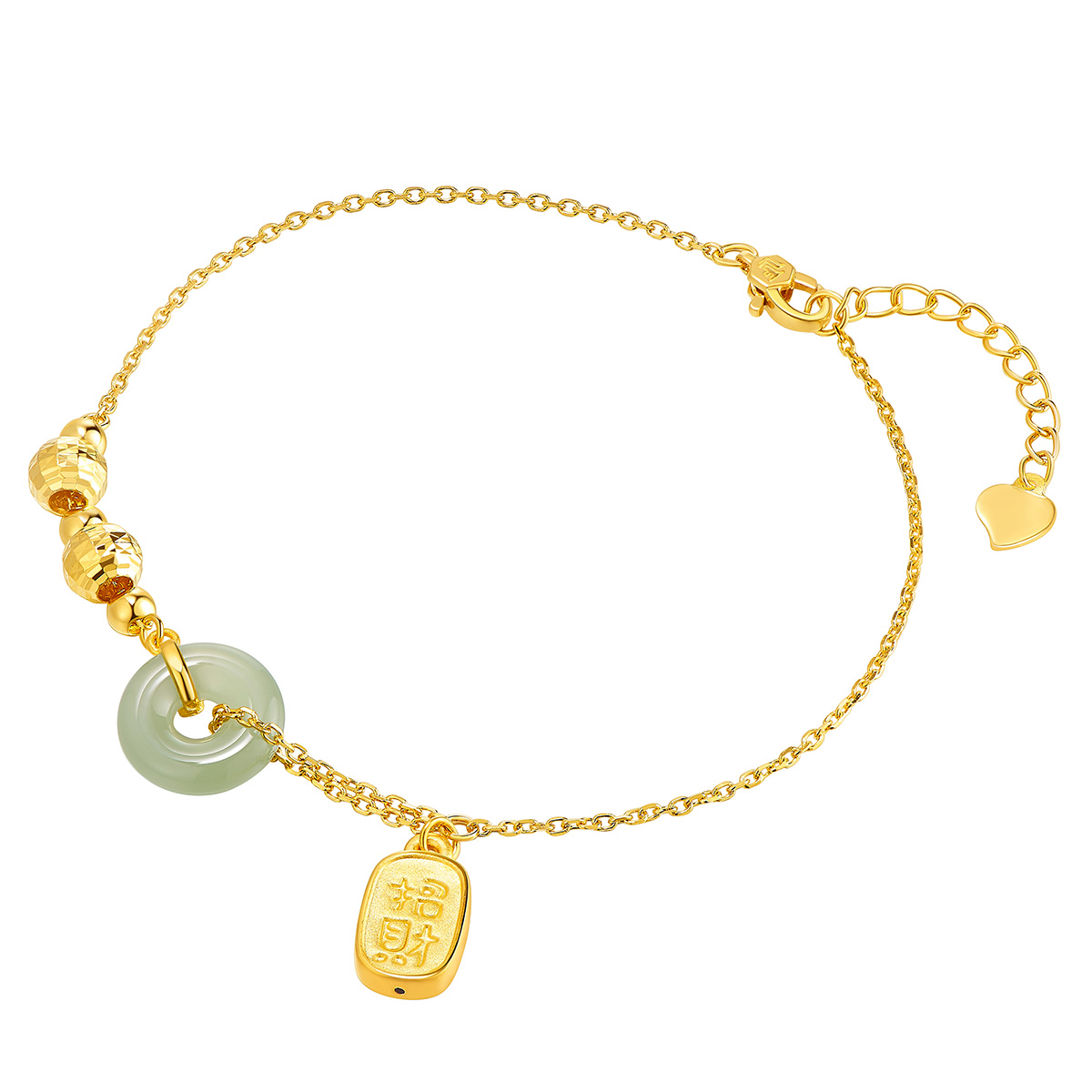 六福珠寶黃金手鏈 - "招財納福"999足金蘋果綠碧玉平安扣手鏈