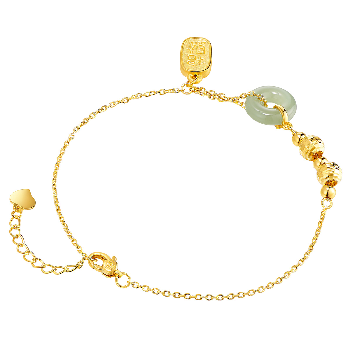 六福珠寶黃金手鏈 - "招財納福"999足金蘋果綠碧玉平安扣手鏈
