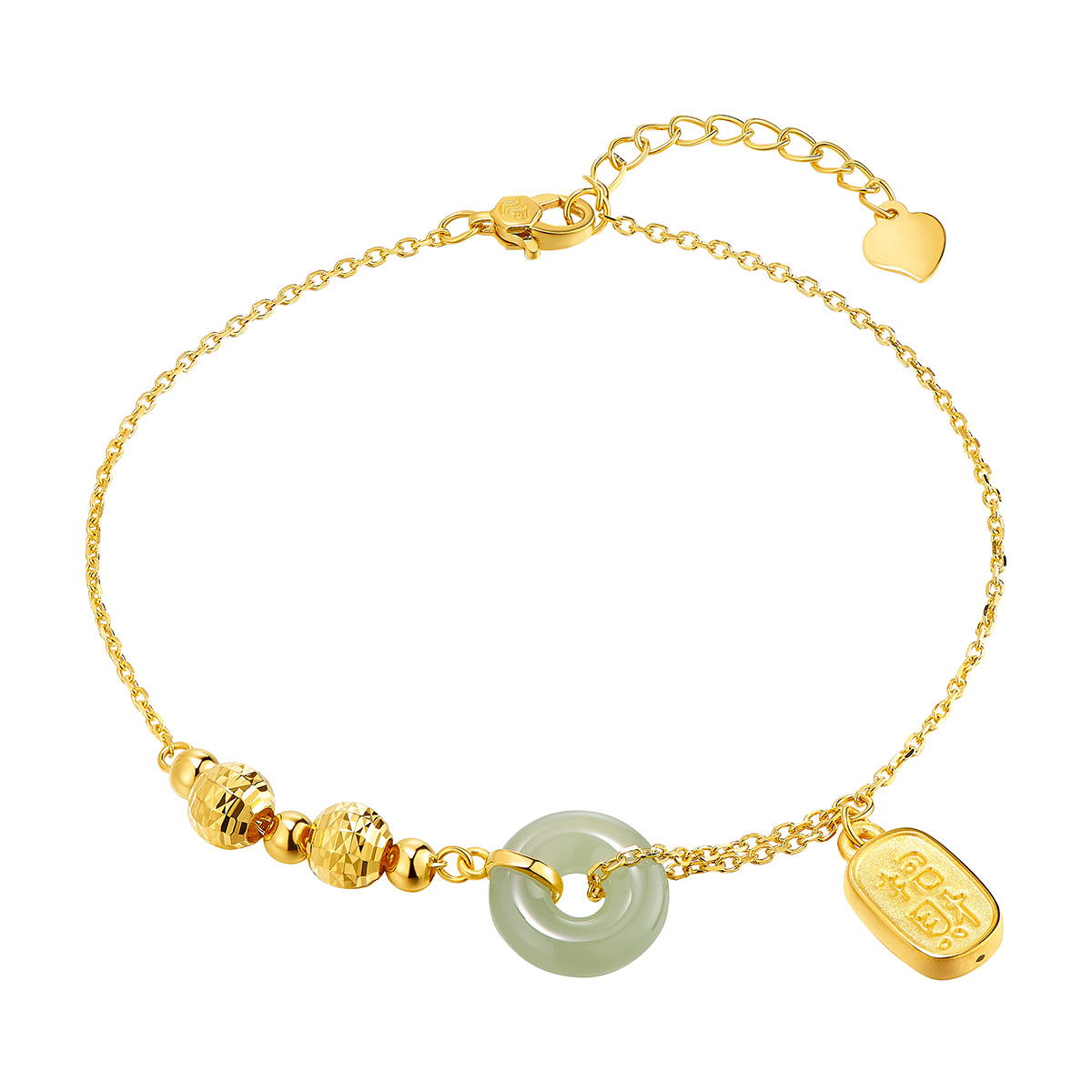$t('六福珠寶')黃金手鏈 - "招財納福"999足金蘋果綠碧玉平安扣手鏈