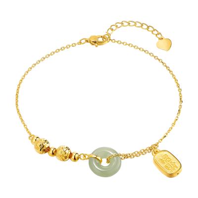 六福珠寶黃金手鏈 - "招財納福"999足金蘋果綠碧玉平安扣手鏈