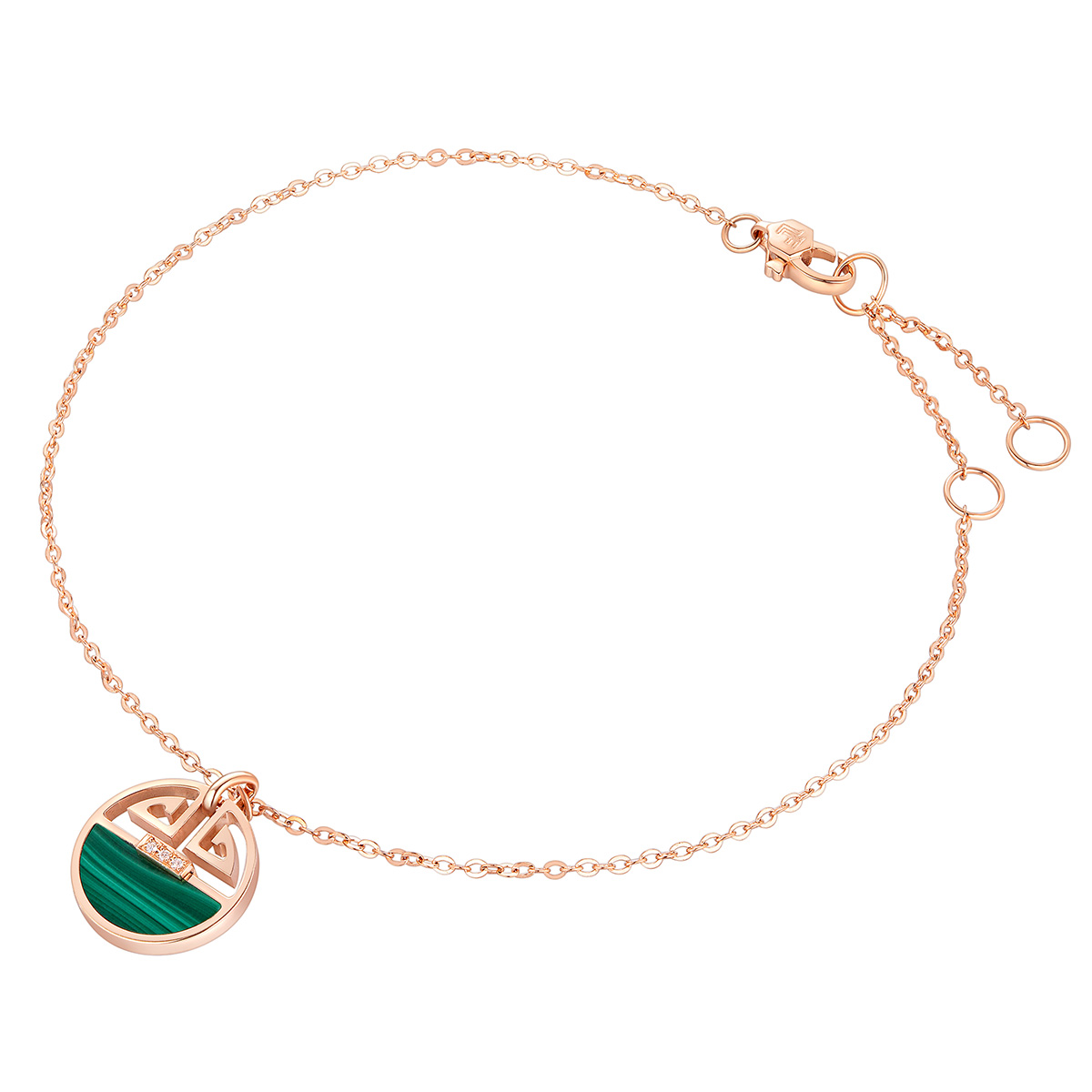 六福珠寶18K金手鏈 - 回紋圖案18K玫瑰金鑽石襯孔雀石如意手鏈