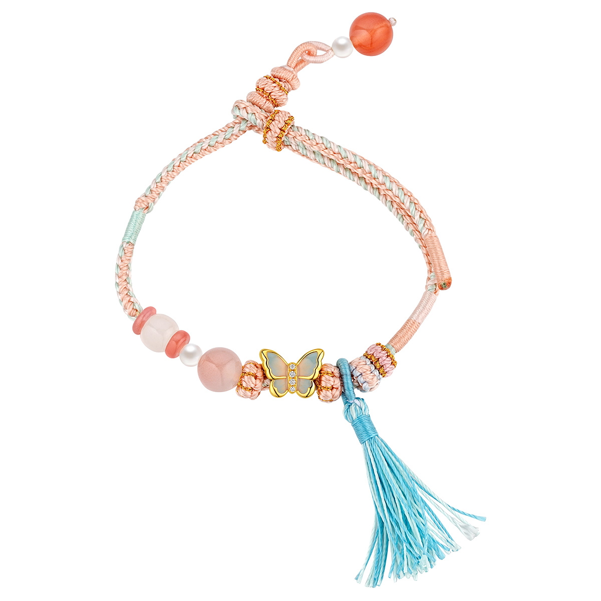 六福珠寶黃金手鏈 - "星光蝶影"999足金鑽石珍珠串飾連手繩