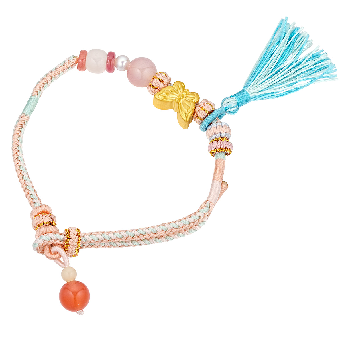 六福珠寶黃金手鏈 - "星光蝶影"999足金鑽石珍珠串飾連手繩