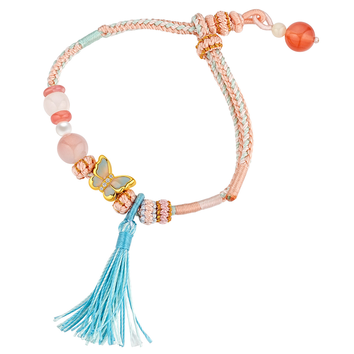 六福珠寶黃金手鏈 - "星光蝶影"999足金鑽石珍珠串飾連手繩