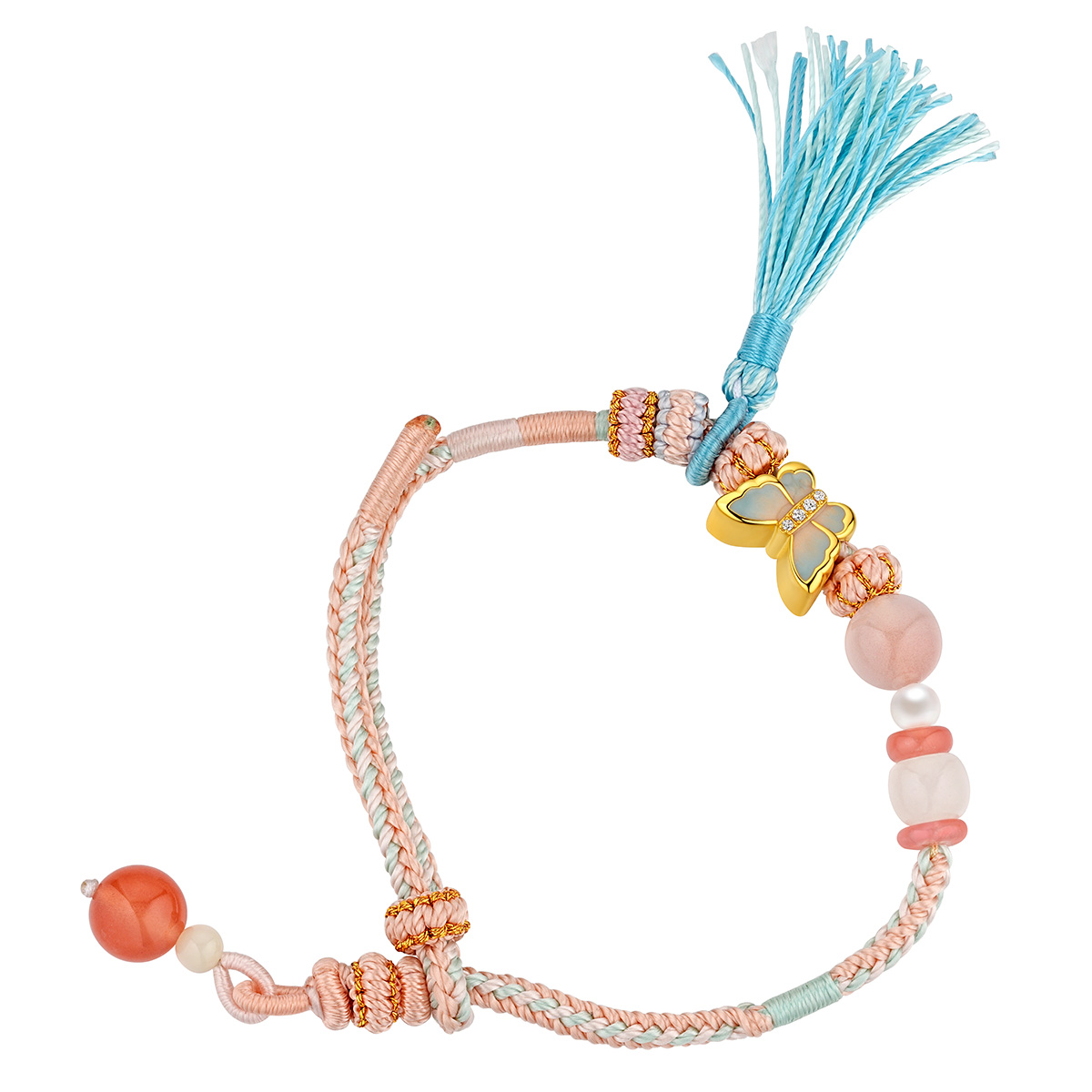 六福珠寶黃金手鏈 - "星光蝶影"999足金鑽石珍珠串飾連手繩