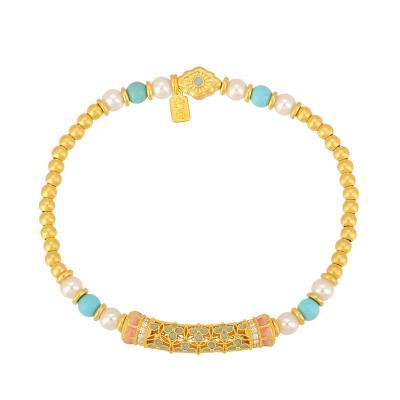 六福珠寶黃金手鏈 - “花開海韻”999.9黃金鑽石珍珠手鏈