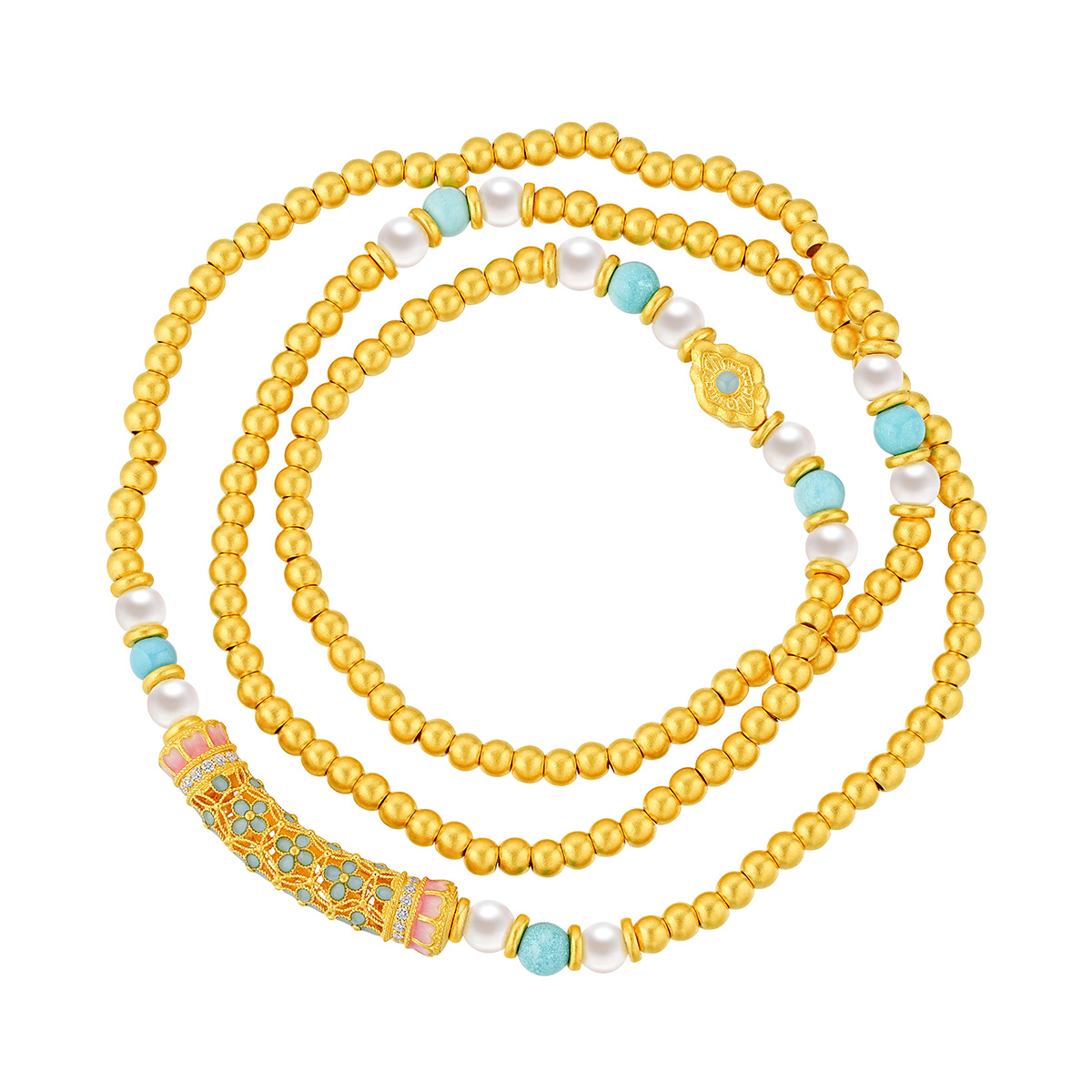 六福珠寶黃金手鏈 - "花開海韻"999.9黃金鑽石珍珠手鏈