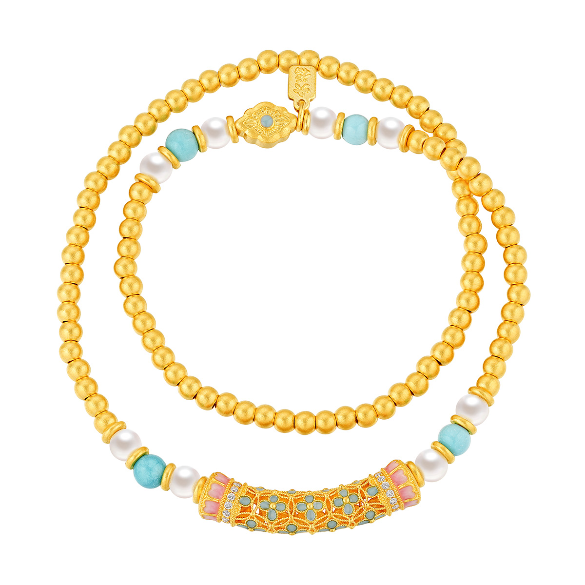 六福珠寶黃金手鏈 - "花開海韻"999.9黃金鑽石珍珠手鏈