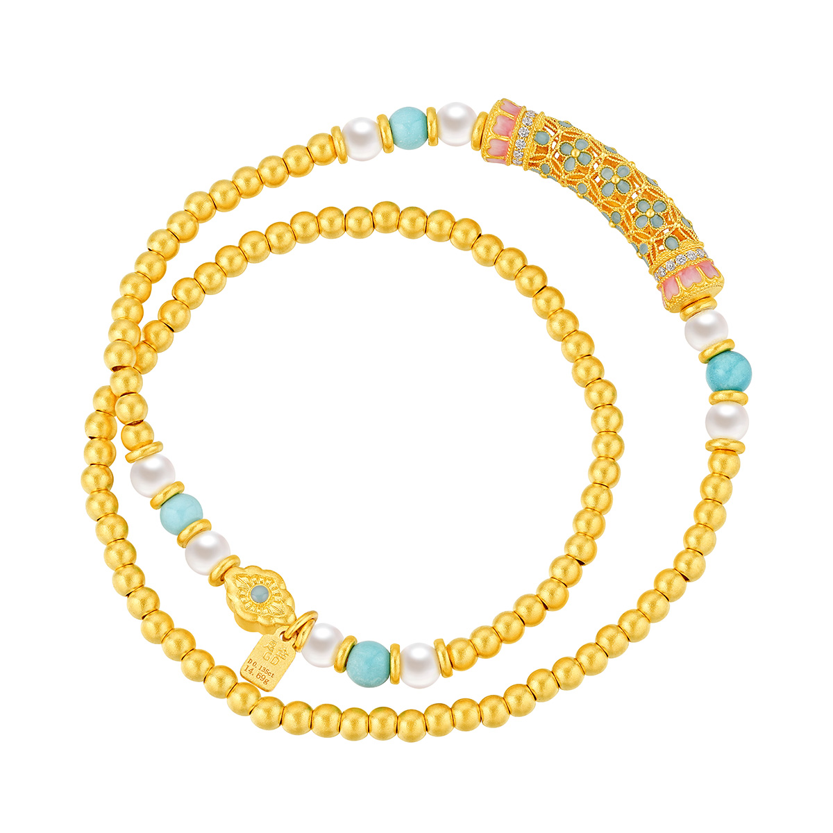 六福珠寶黃金手鏈 - "花開海韻"999.9黃金鑽石珍珠手鏈