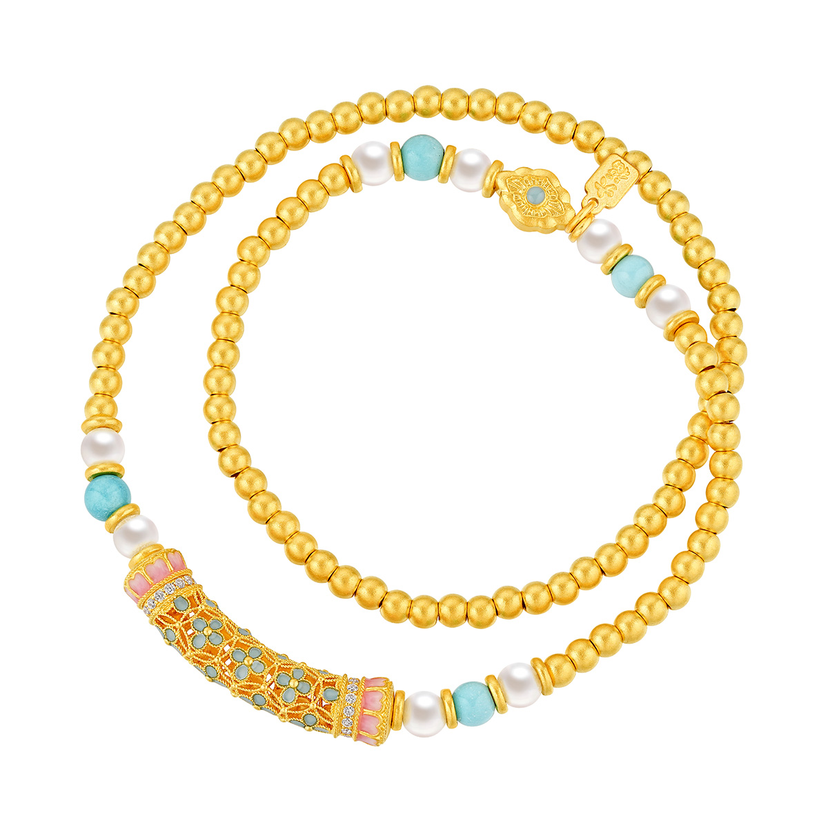 六福珠寶黃金手鏈 - "花開海韻"999.9黃金鑽石珍珠手鏈