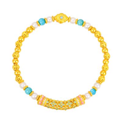 六福珠寶黃金手鏈 - "花開海韻"999.9黃金鑽石珍珠手鏈