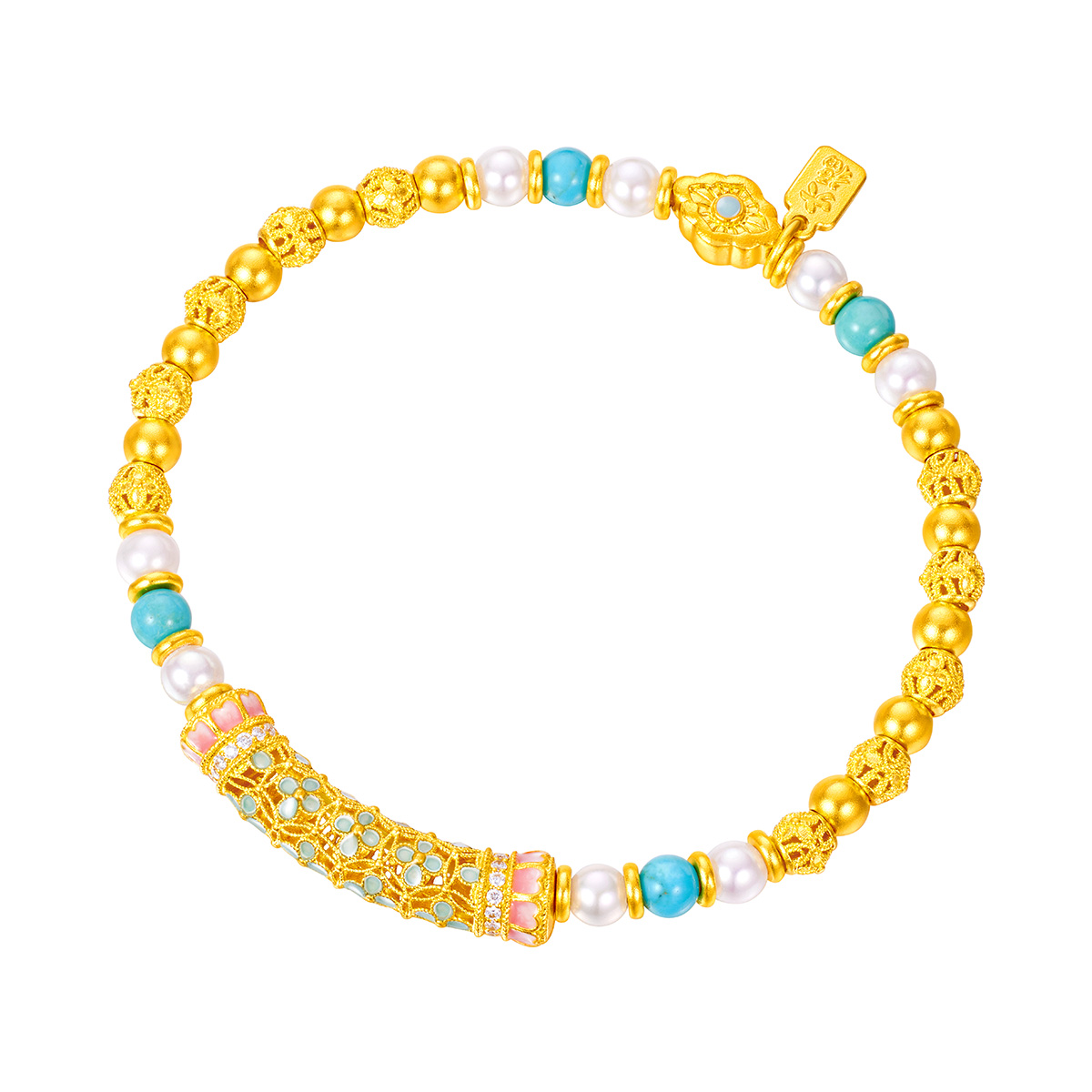 六福珠寶黃金手鏈 - "花開海韻"999.9黃金鑽石珍珠手鏈