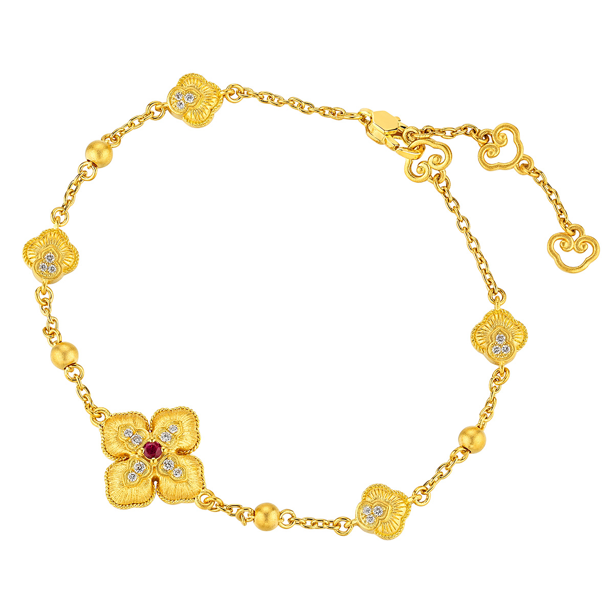 六福珠寶黃金手鏈 - “如意納「囍」”999.9黃金紅寶石鑽石手鏈