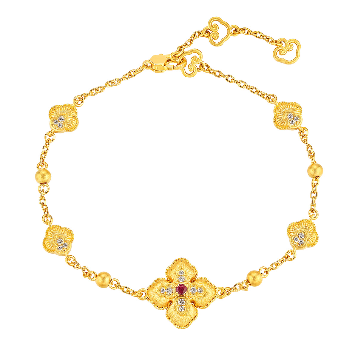 六福珠寶黃金手鏈 - “如意納「囍」”999.9黃金紅寶石鑽石手鏈