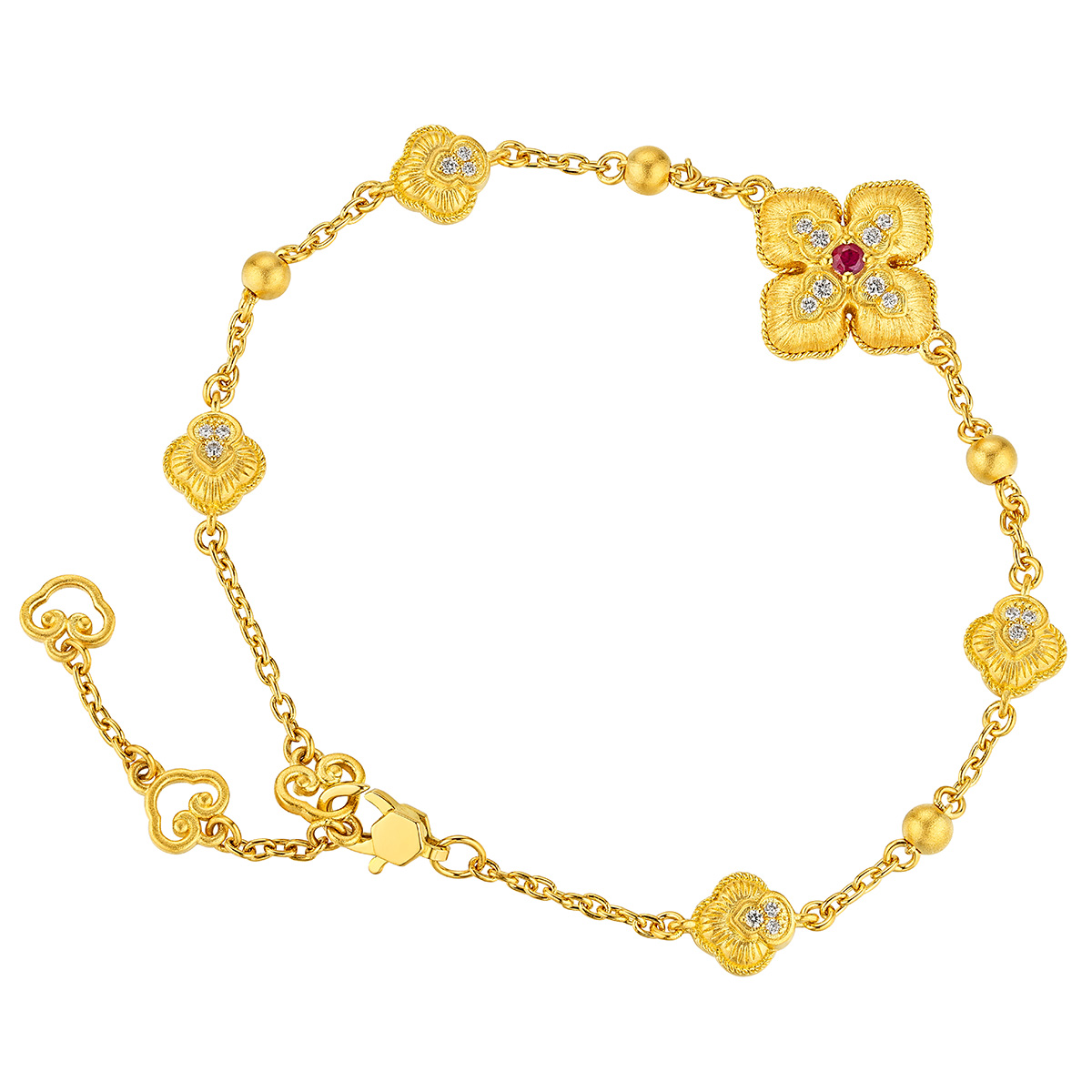 六福珠寶黃金手鏈 - “如意納「囍」”999.9黃金紅寶石鑽石手鏈