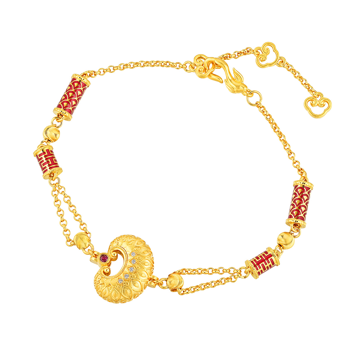 六福珠寶黃金手鏈 - “如心「鎖」願”999.9黃金紅寶石鑽石手鏈