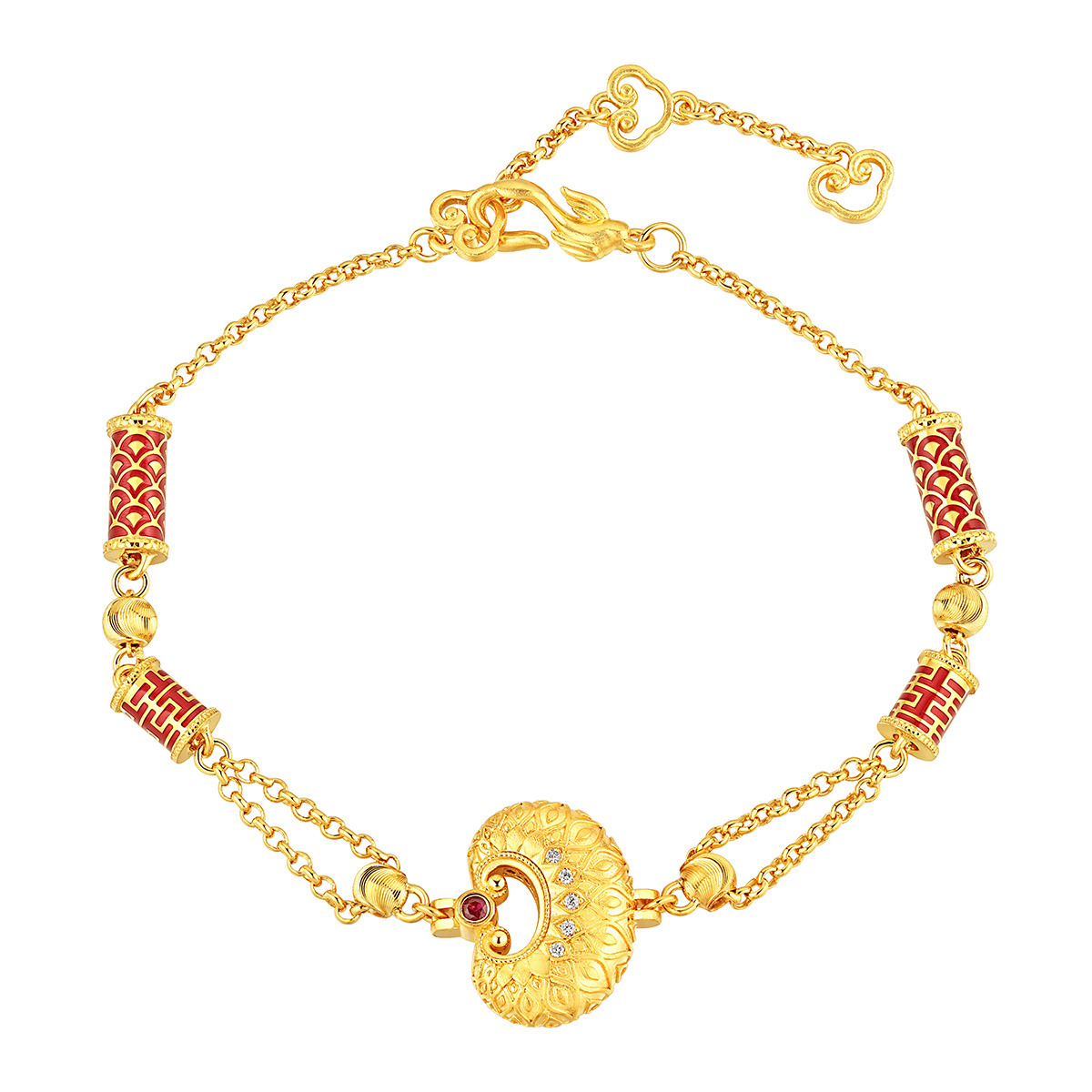 六福珠寶黃金手鏈 - “如心「鎖」願”999.9黃金紅寶石鑽石手鏈