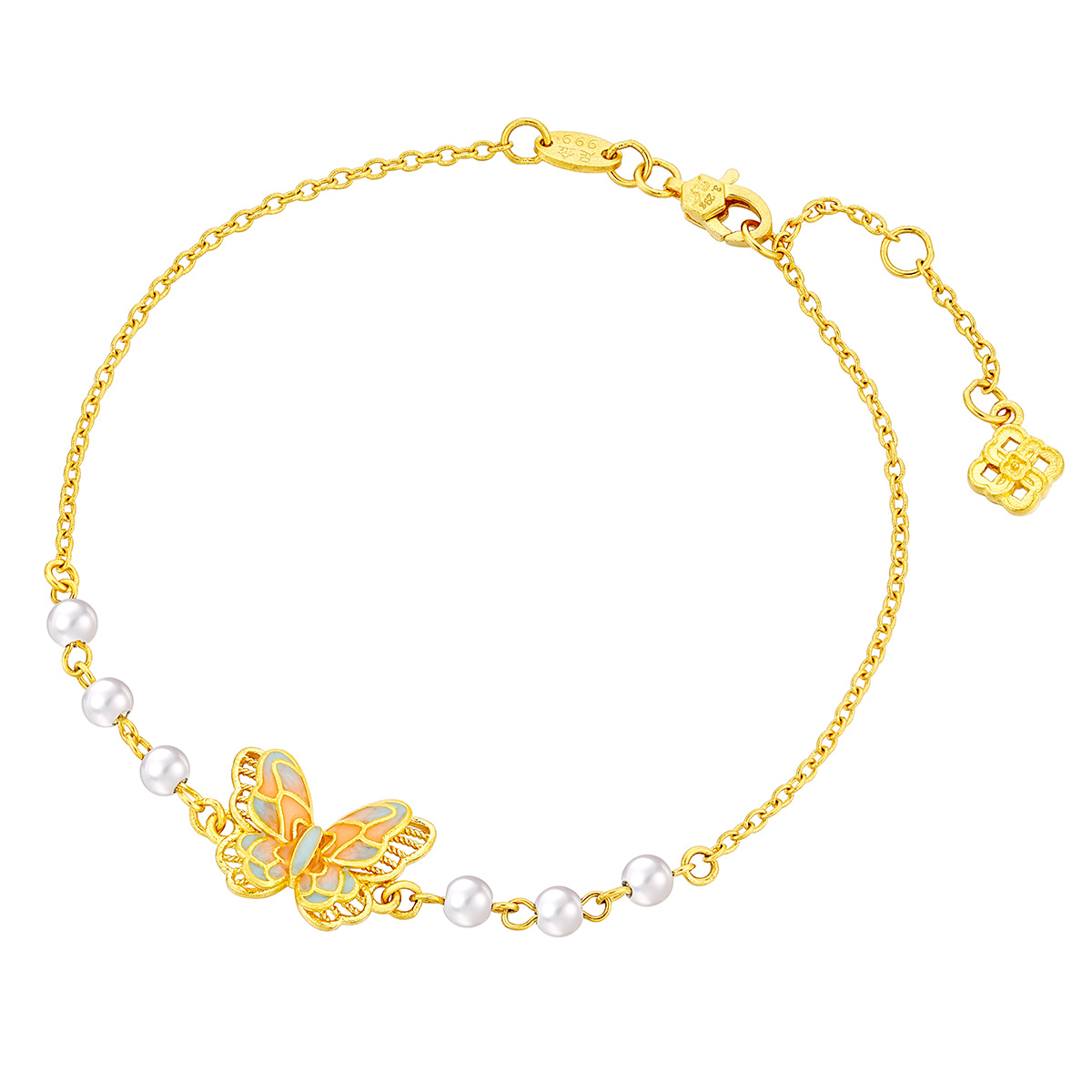 六福珠寶黃金手鏈 - "青霞福蝶"999.9黃金珍珠手鏈