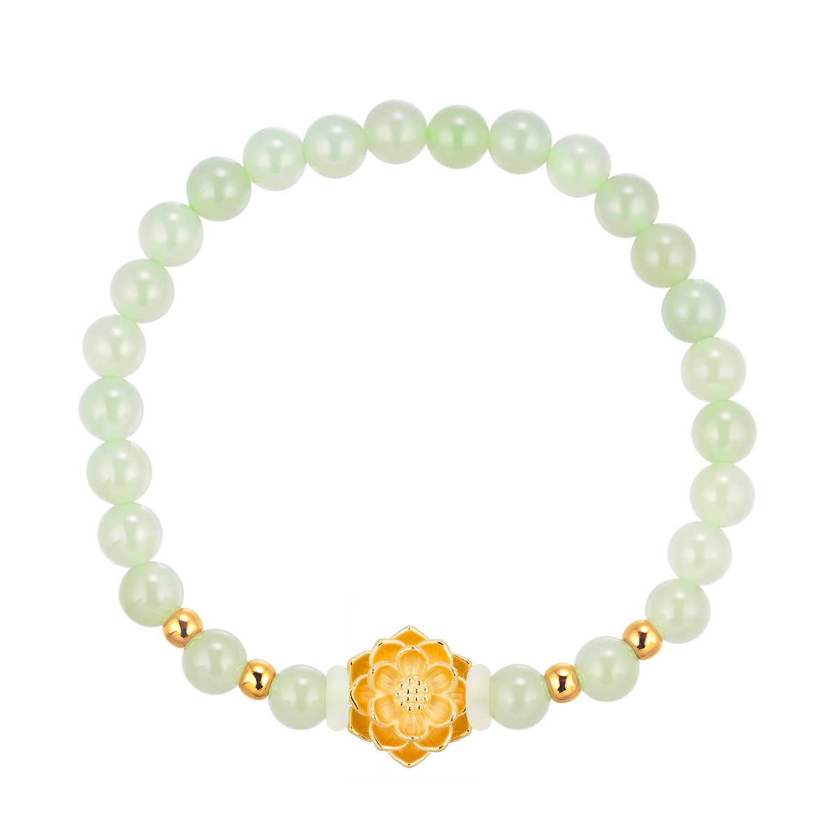 六福珠寶黃金手鏈 - “晴水青玉蓮花”999足金和田玉手鏈