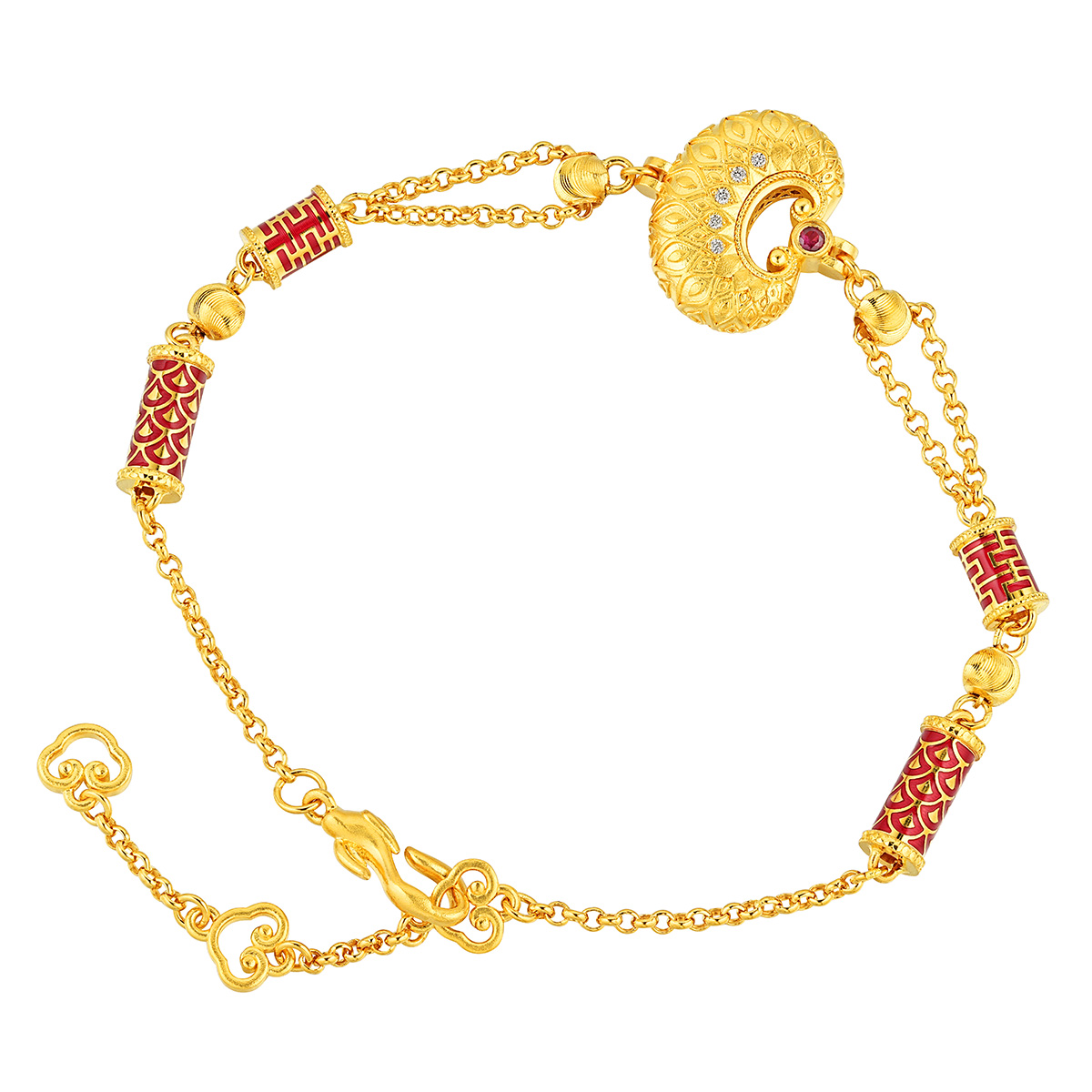 六福珠寶黃金手鏈 - “如心「鎖」願”999.9黃金紅寶石鑽石手鏈