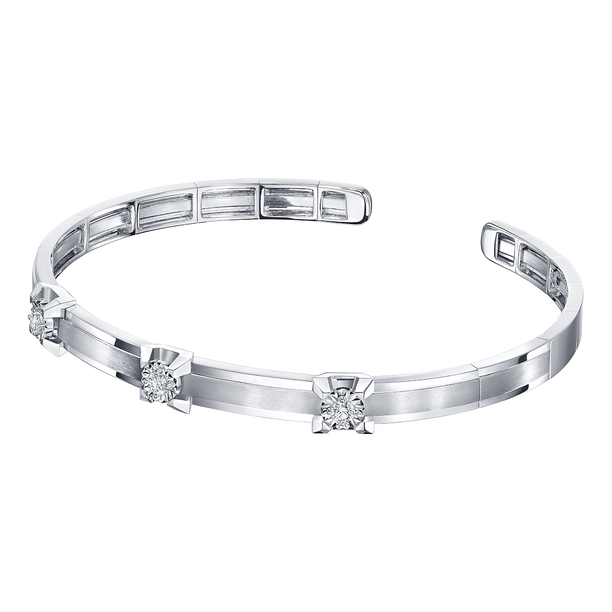 六福珠寶18K金手鐲 - “簡耀鋒芒”18K金(白色)三角爪鑽石手鐲(放閃車花工藝)