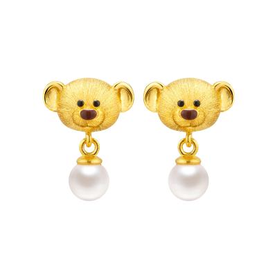 六福珠寶黃金耳環 - “珍愛萌熊”999.9黃金珍珠鎏彩耳環