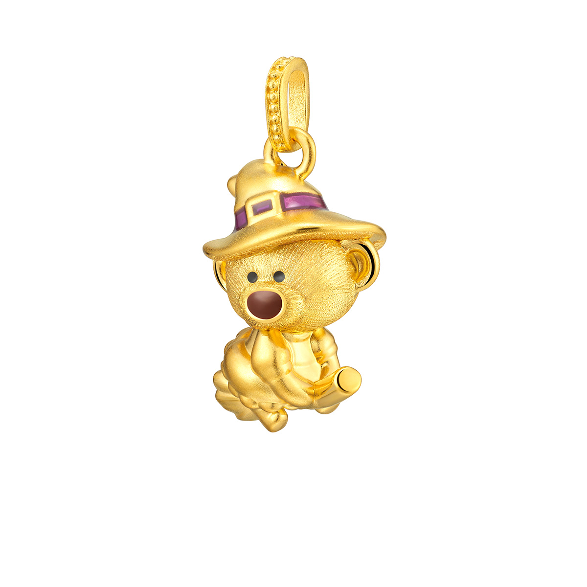 六福珠寶黃金吊墜 - "巫師帽萌趣小熊"999足金拉絲鎏彩吊墜