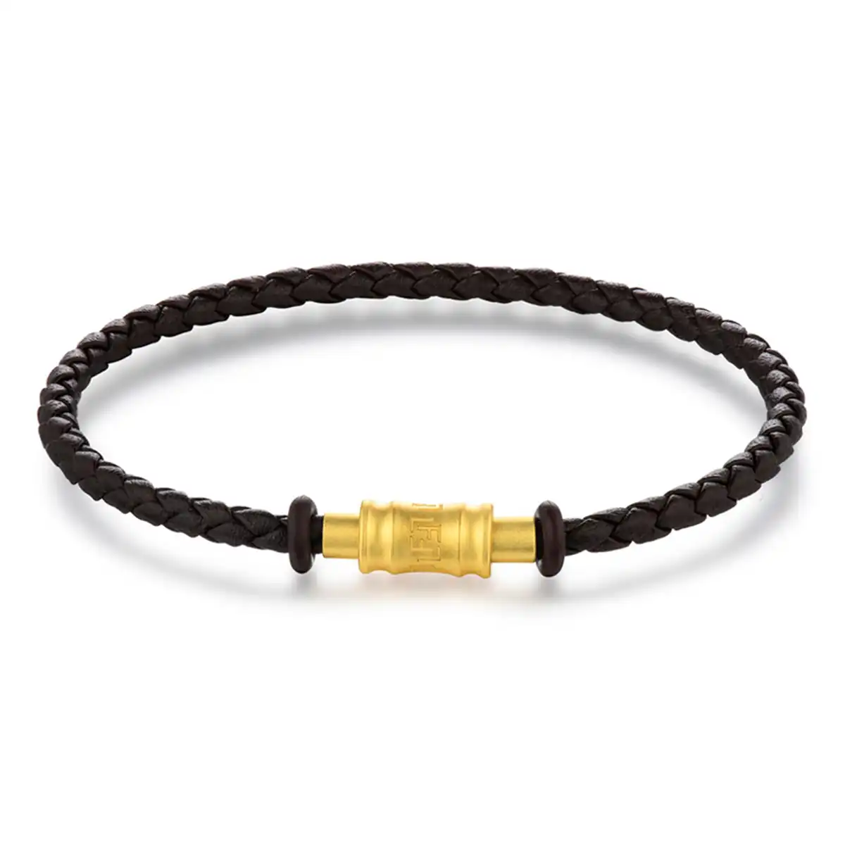 六福珠寶手繩 - 時尚金扣皮質手繩(深啡色)