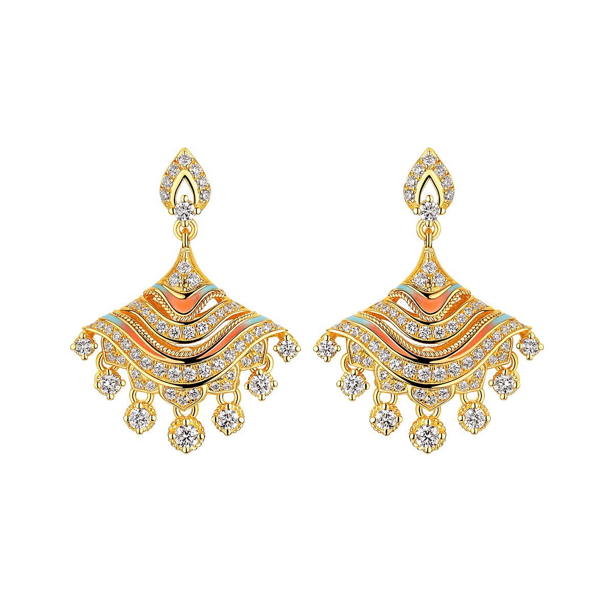 六福珠寶黃金耳環 - “洛玲瓏”999足金鑽石鎏彩耳環