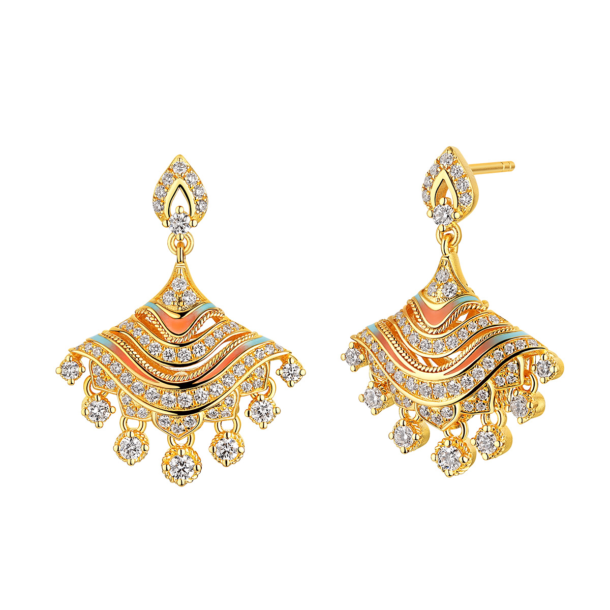 六福珠寶黃金耳環 - “洛玲瓏”999足金鑽石鎏彩耳環