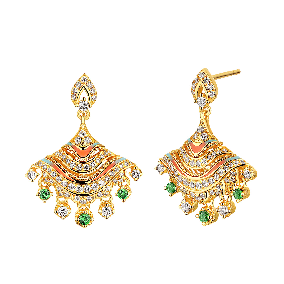 六福珠寶黃金耳環 - “洛玲瓏”999足金石榴石鑽石鎏彩耳環