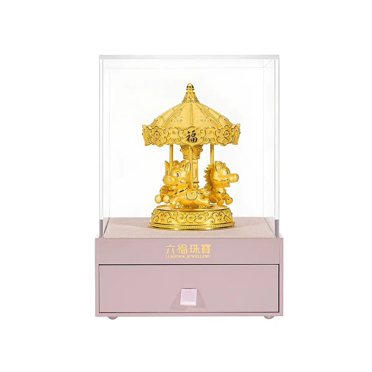 六福珠寶黃金擺件 - “馬踏金福-旋轉金馬”999足金擺件